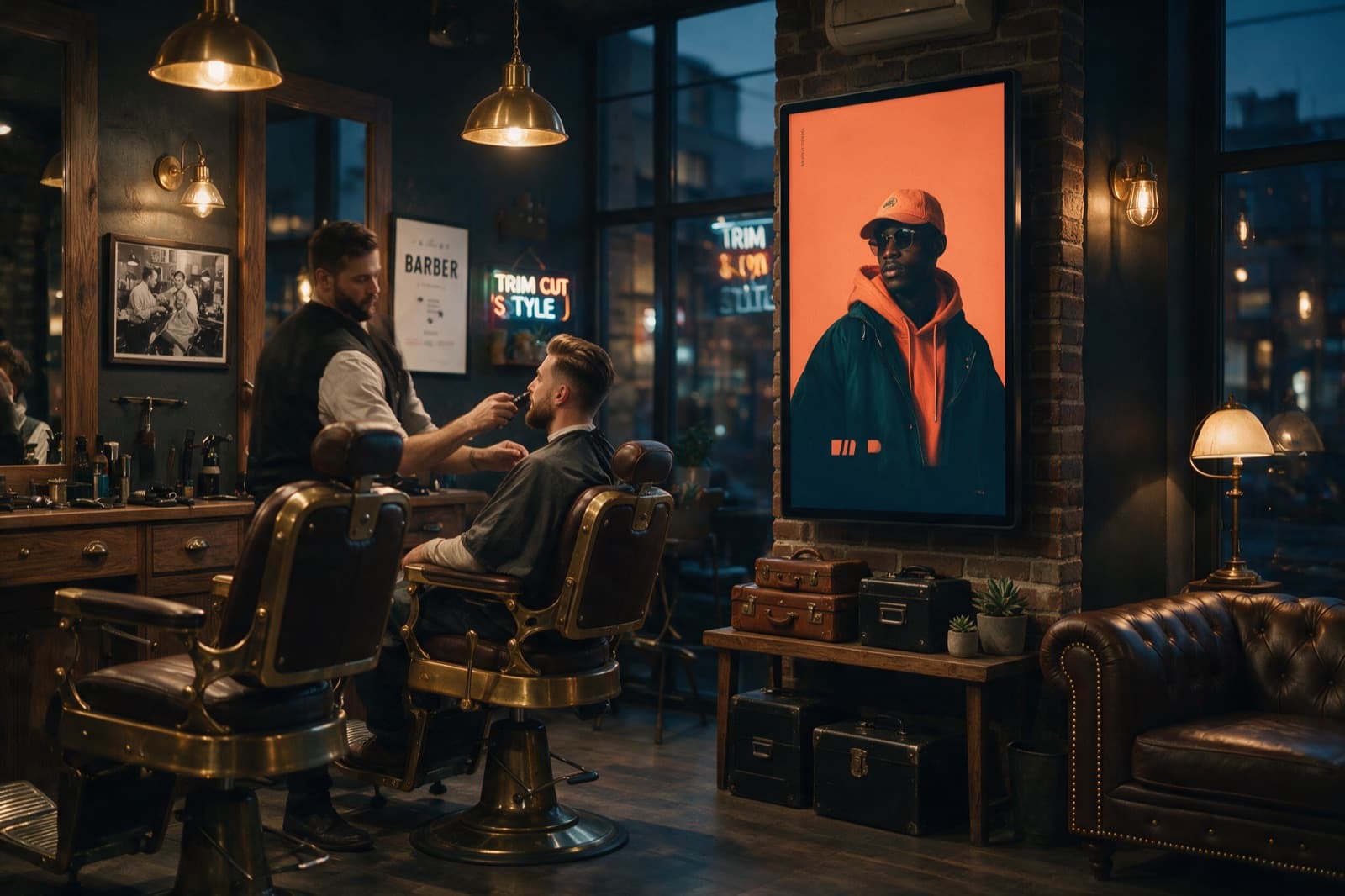 Barbershop am Abend, ein Kunde im Stuhl, daneben ein Screen an der Backsteinwand